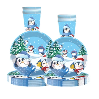 8 Гостей Мультфильм Пингвин Одноразовая Посуда Синяя Рождественская Снежинка Пингвин Тарелки Чашки Салфетка С Рождеством Декор С Новым Годом