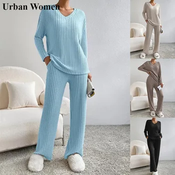 Осенне-зимний модный вязаный женский комплект из двух предметов, повседневный свободный топ с V-образным вырезом, широкие брюки, женский комплект из двух предметов