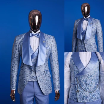 Роскошные костюмы для мужчин, Свадебный жаккардовый блейзер с цветочным рисунком, шаль с лацканами, костюм жениха, 3 предмета (куртка + брюки + жилет) На заказ